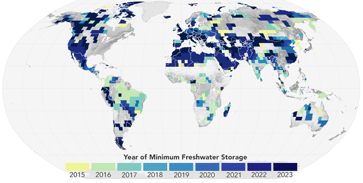 Global freshwater storage anomalies (2023). \textit{Credit: NASA Earth Observatory/Lauren Dauphin.